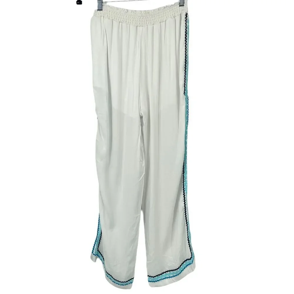 Surf Gypsy White Pull On Wide Leg Pant with Crochet Trim and Side Slit Large_2